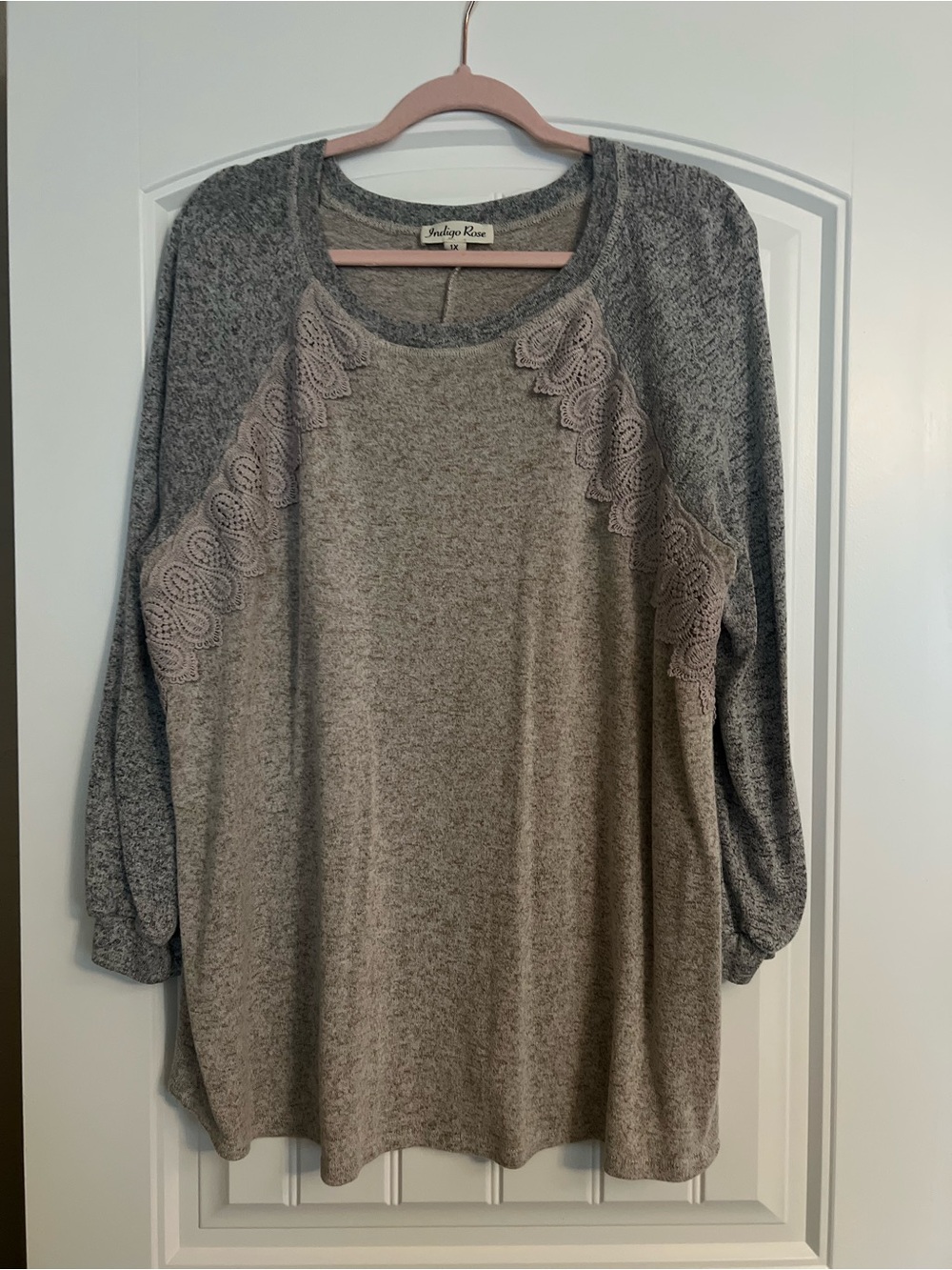 Indigo Rose Taupe & Gray Lace Raglan Sweatshirt